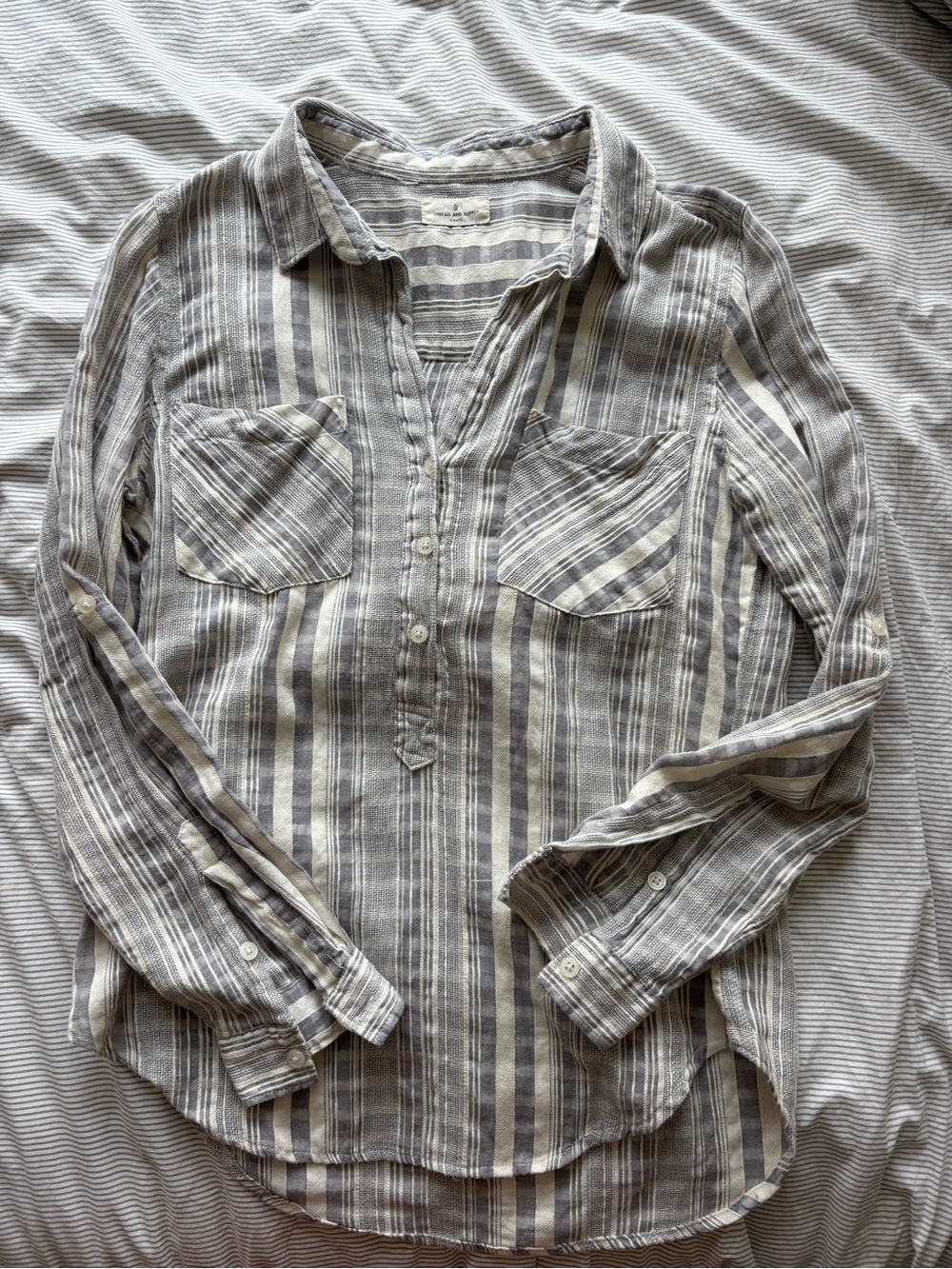 Thread & Supply Striped Button Henley Tunic - Blue grey & White